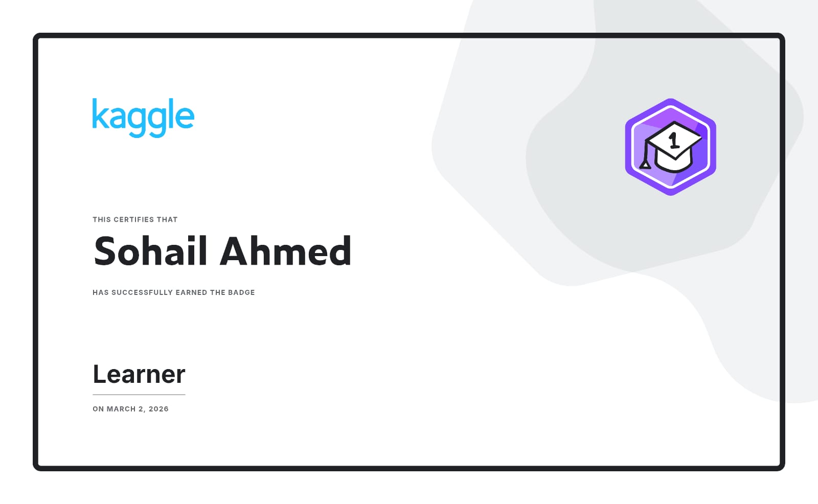 Kaggle Learner Badge Certificate